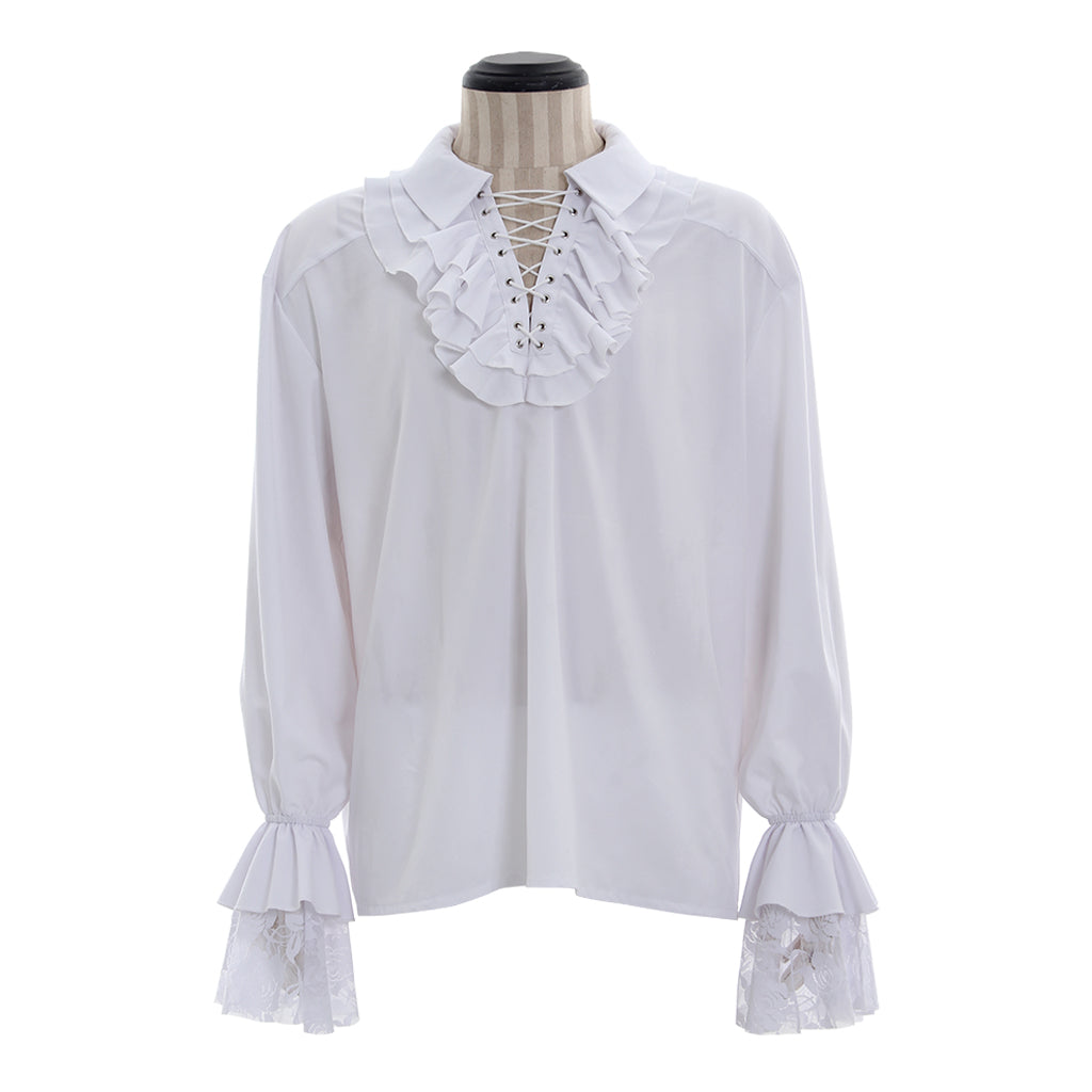 Medieval Men's White Ruffled Lace Up Shirt with Lace Trimmed Ruffled Cuffs for Cosplay Renaissance Fairs Halloween Themed Events