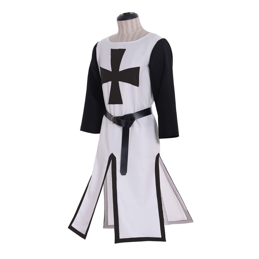 Medieval Templar Men's White Tunic with Black Sleeves, Red Cross and Belt Costume for Historical Reenactments, Cosplay Events or Halloween Parties