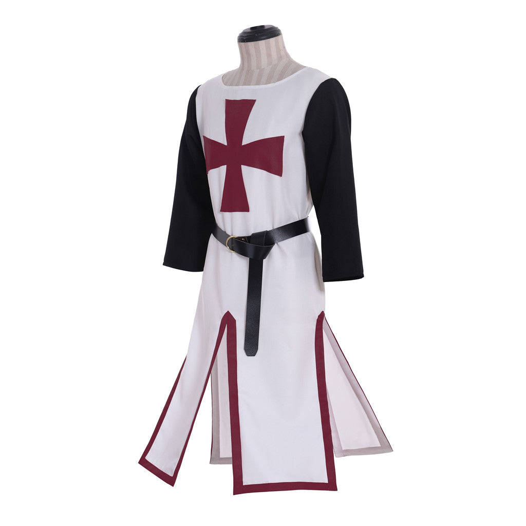 Medieval Templar Men's White Tunic with Black Sleeves, Red Cross and Belt Costume for Historical Reenactments, Cosplay Events or Halloween Parties