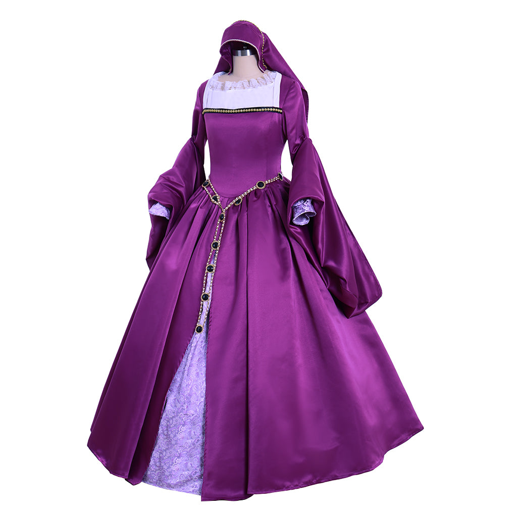 Anne Boleyn Costume Tudor Queen Dress Queen Elizabeth Ball Gown King Henry Outfit Purple Ornate Pattern Square Neckline Puff Sleeve Women's Prom Outfit Valentine's Day Party Evening Dress Masquerade