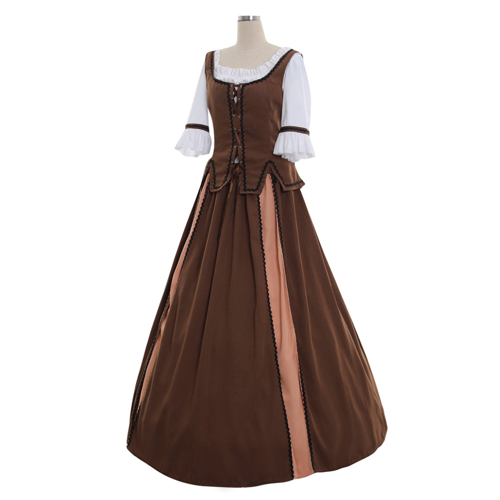 Medieval Women Renaissance Victorian Cosplay Costume Short Sleeve Contrast Trimmed Color Block Brown Copper Gown Adult Ladies Halloween Christmas Dress