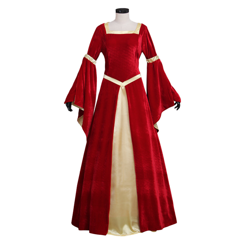 Medieval Women Renaissance Victorian Cosplay Costume Flared Long Sleeve Cream Trimmed Color Block Red Cream Gown Adult Ladies Halloween Christmas Dress