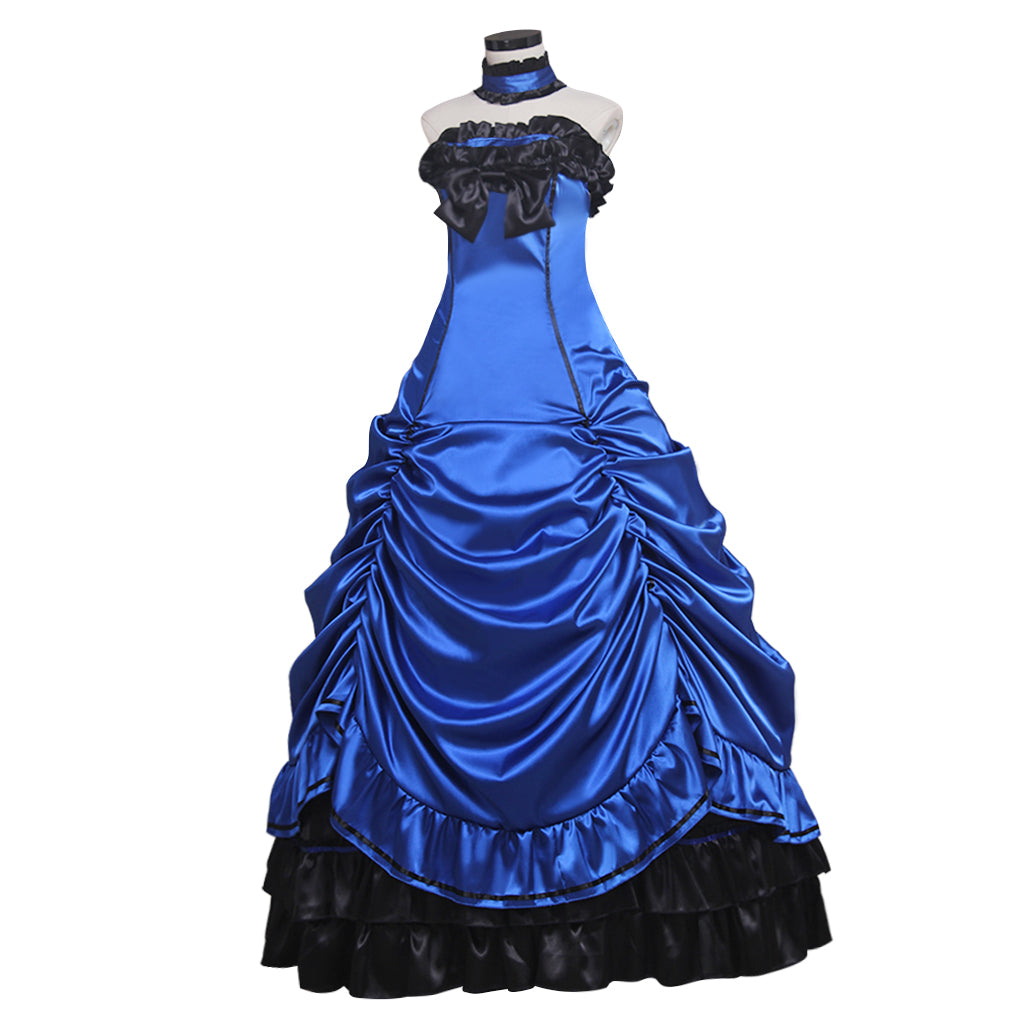 Victorian Gothic Women's Blue and Black Cosplay Dress with Strapless Neck Lace Up Back Sleeveless and Ruffled Hem Trim Gothic Ladies Halloween Party Outerwear