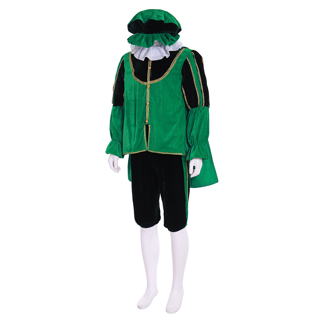 Medieval Men's Green Costume and Black Breeches with White Ruffled Collar for Cosplay or Themed Events Halloween Christmas or Themed Parties