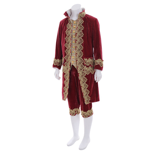 Medieval Men's Red Velvet Coat with Gold Embroidered Trim, Red Breeches Costume for Cosplay Themed Events Halloween Christmas or Parties