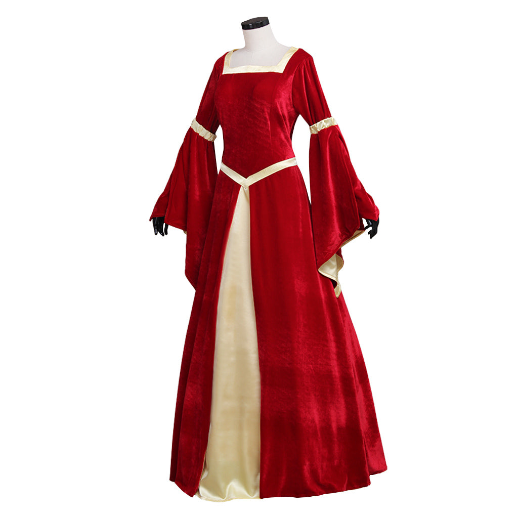 Medieval Women Renaissance Victorian Cosplay Costume Flared Long Sleeve Cream Trimmed Color Block Red Cream Gown Adult Ladies Halloween Christmas Dress