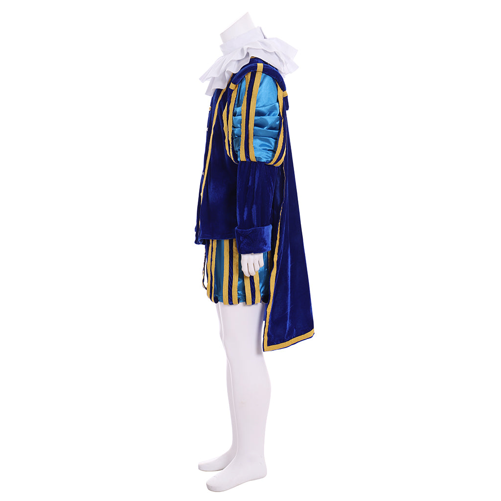 Renaissance Men's Blue Jacket with Gold Trim, White Ruffle and Colorful Striped Breeches for Cosplay or Themed Events Halloween Christmas or Themed Parties