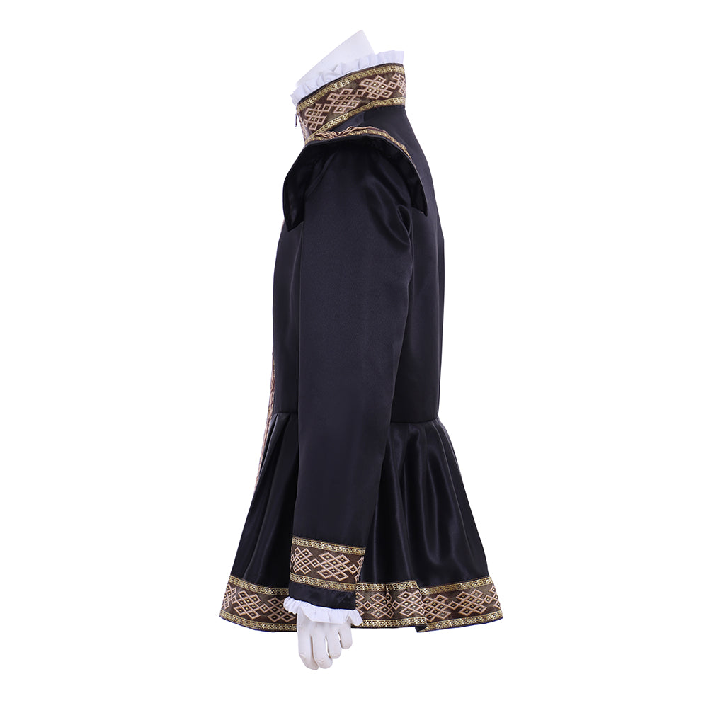 Renaissance Men's Black Jacket with Gold Trim and Ornate Patterns for Cosplay or Themed Events Halloween Christmas or Themed Parties