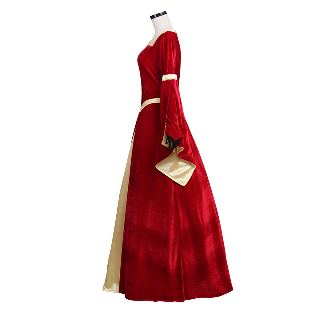 Medieval Women Renaissance Victorian Cosplay Costume Flared Long Sleeve Cream Trimmed Color Block Red Cream Gown Adult Ladies Halloween Christmas Dress
