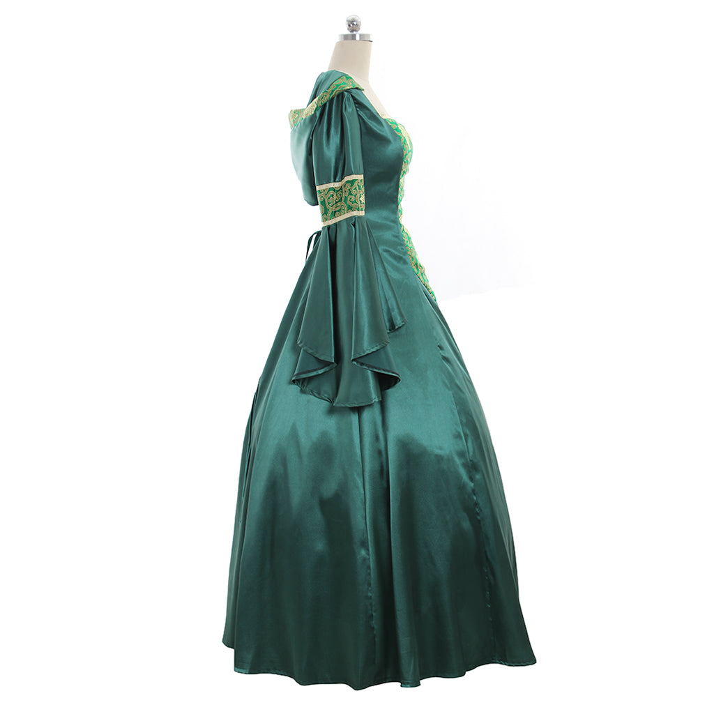 Medieval Women Renaissance Victorian Cosplay Costume Flared Long Sleeve Gold Embroidered Teal Green Gown Adult Ladies Halloween Christmas Dress