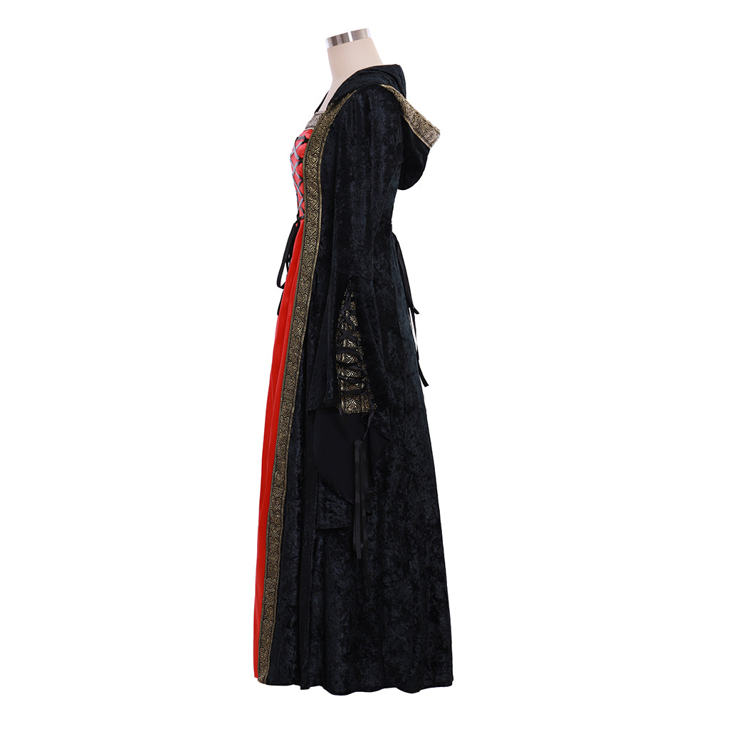 Victorian Gothic Women's Cosplay Dress with Square Neck, Long Sleeves, Lace Up Front and Contrast Trim