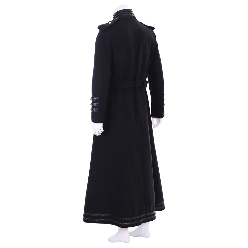 Medieval Men's Black Military style Long Coat with Silver Accents Buttons and Belt Cosplay Stage Costume Adult Halloween Christmas Party Themed Outfit