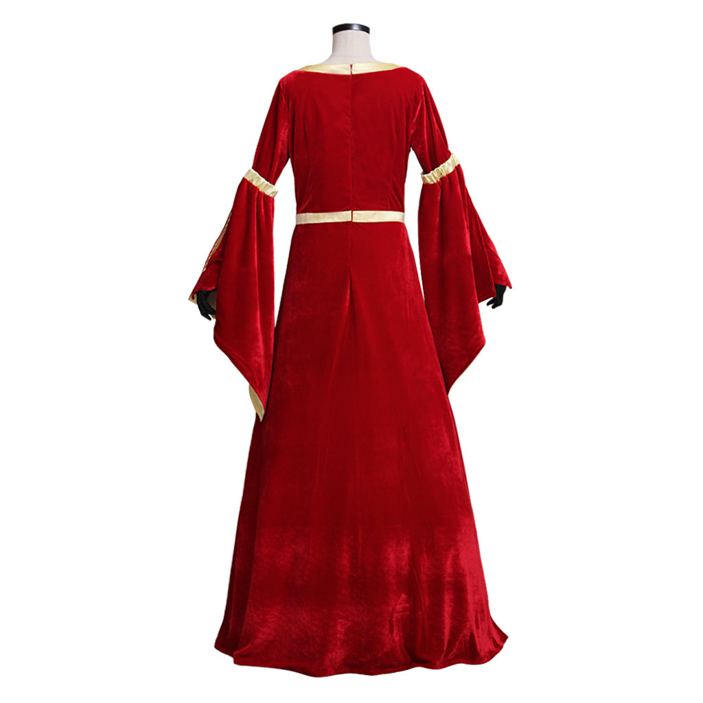 Medieval Women Renaissance Victorian Cosplay Costume Flared Long Sleeve Cream Trimmed Color Block Red Cream Gown Adult Ladies Halloween Christmas Dress