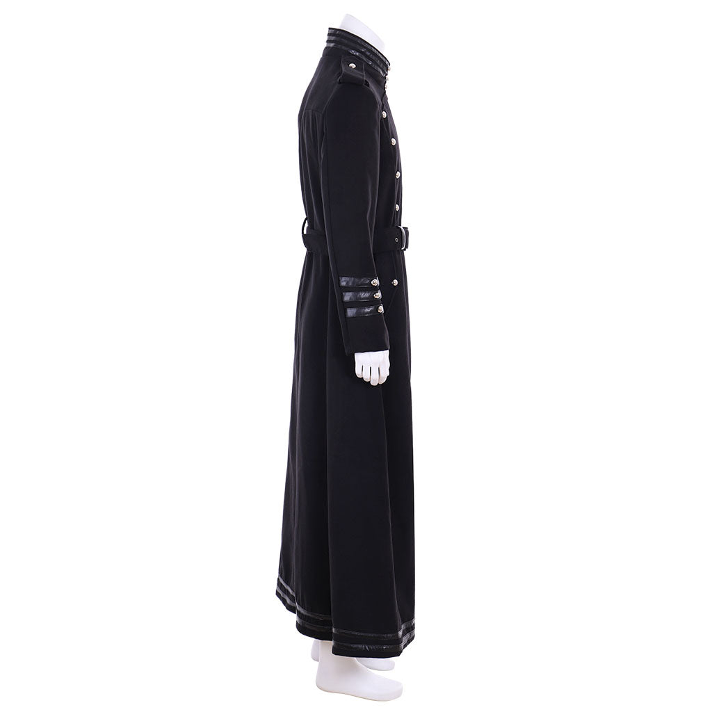 Medieval Men's Black Military style Long Coat with Silver Accents Buttons and Belt Cosplay Stage Costume Adult Halloween Christmas Party Themed Outfit