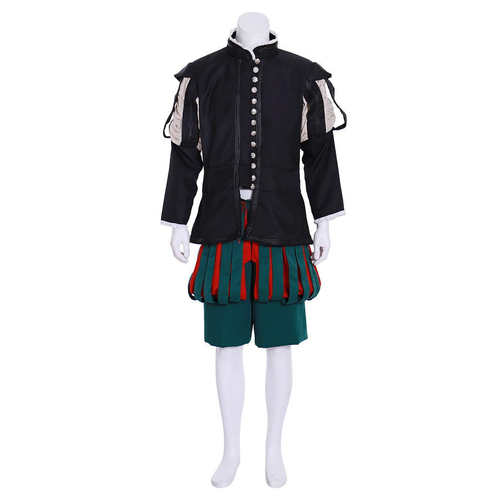 Medieval Men's Black Jacket with White Details and Green Breeches for Cosplay or Themed Events Halloween Christmas or Themed Parties