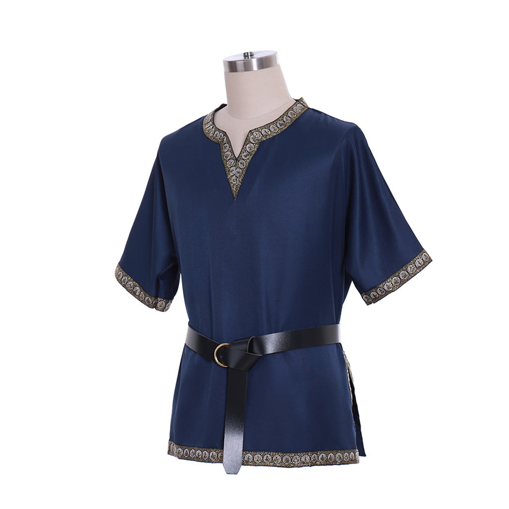 Medieval Men's Black Short Sleeve Tunic with Gold Embroidered Trim and Black Belt for Cosplay Themed Events Halloween Christmas or Parties