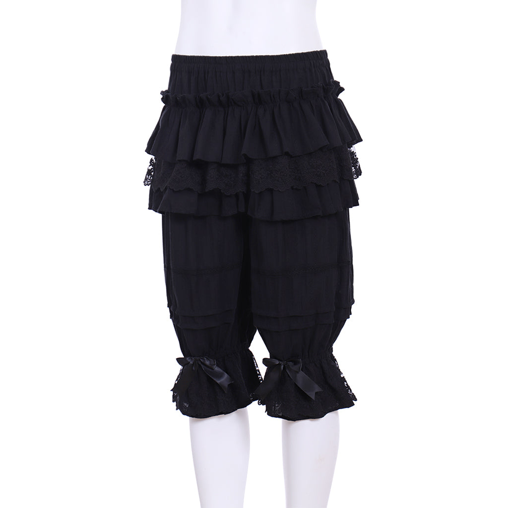 Medieval Gothic Black Lolita Ruffled Bloomers with Multi Layered Lace Trim and Bow-Accented Cuffs