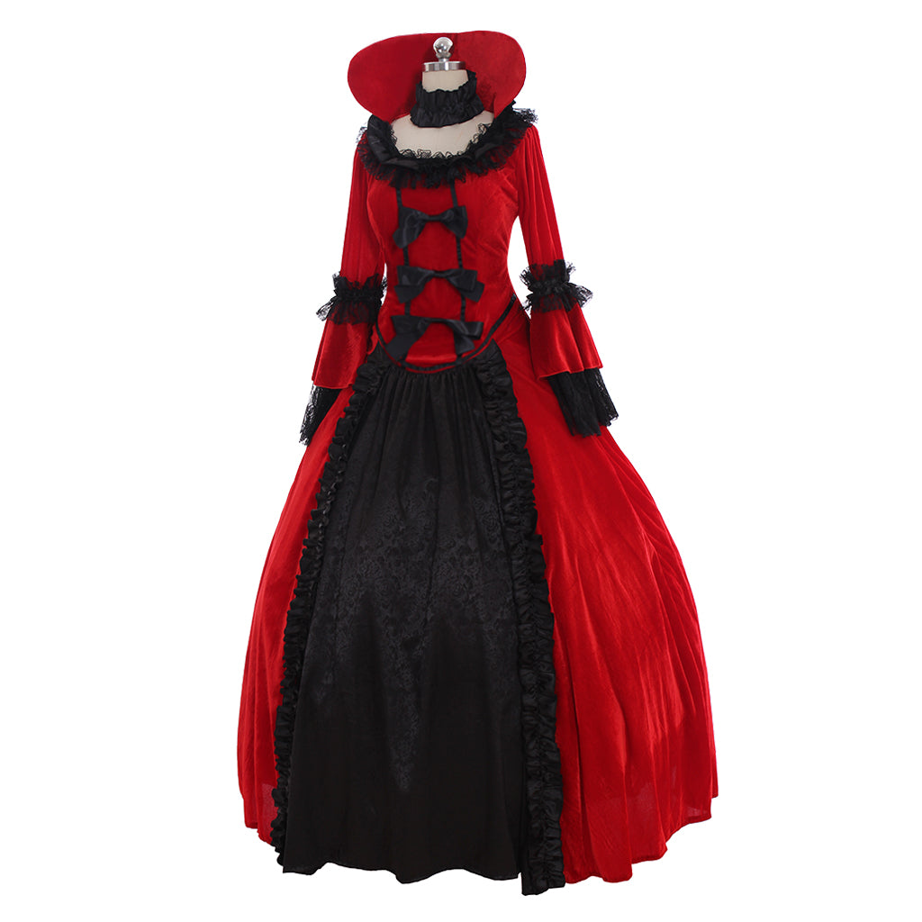 Medieval Women Renaissance Red And Black Cosplay Costume Adult Vintage Court Lace Up Bonneted Ruffled Sleeve Square Neck Maxi Dress Ladies Halloween Christmas
