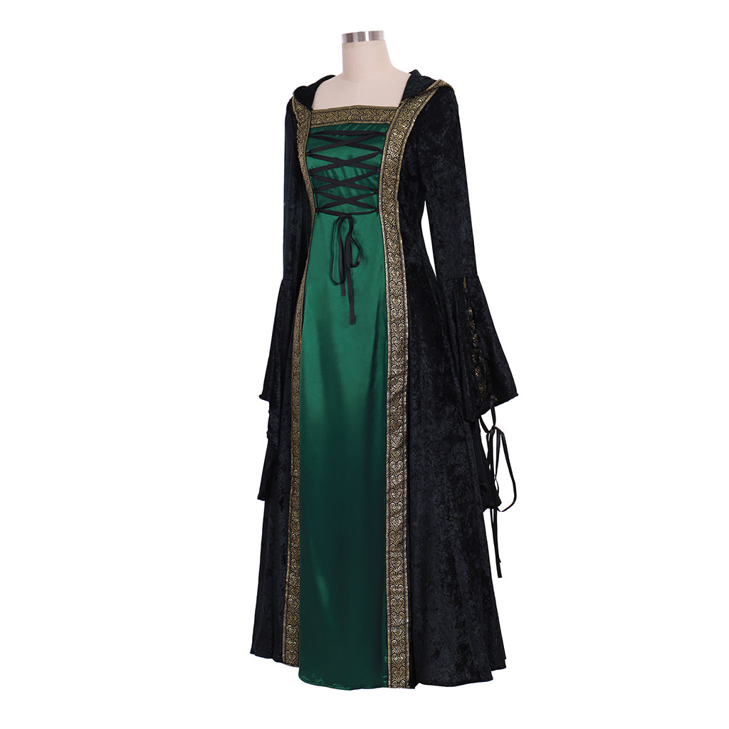 Victorian Gothic Women's Black and Green Cosplay Dress with Square Neck, Long Sleeves, Lace Up Front and Contrast Trim