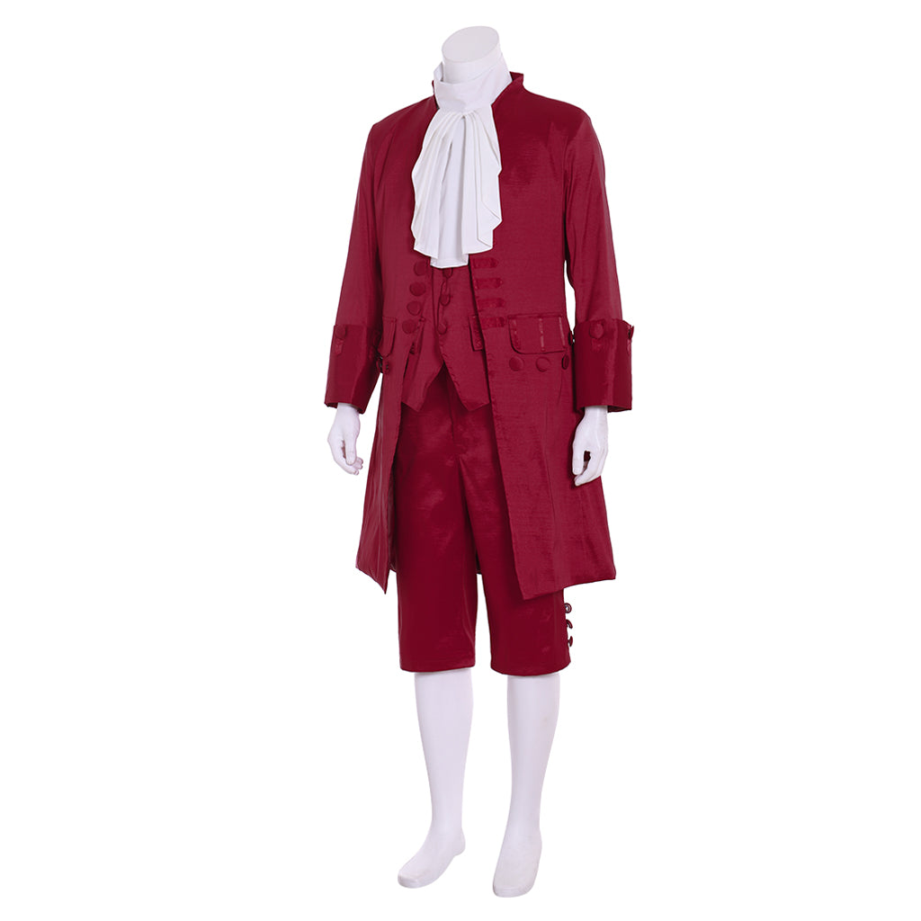Colonial Men's Red Coat with White Ruffle, Red Waistcoat and Breeches for Cosplay or Themed Events Halloween Christmas or Themed Parties