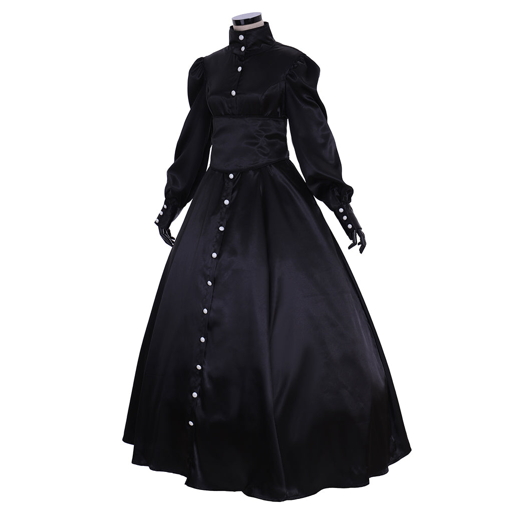 Medieval Gothic Black Satin Ball Gown Puff Sleeve Button Front Waist Cincher Women Adult Renaissance Cosplay Costume Ladies Halloween Christmas Dress