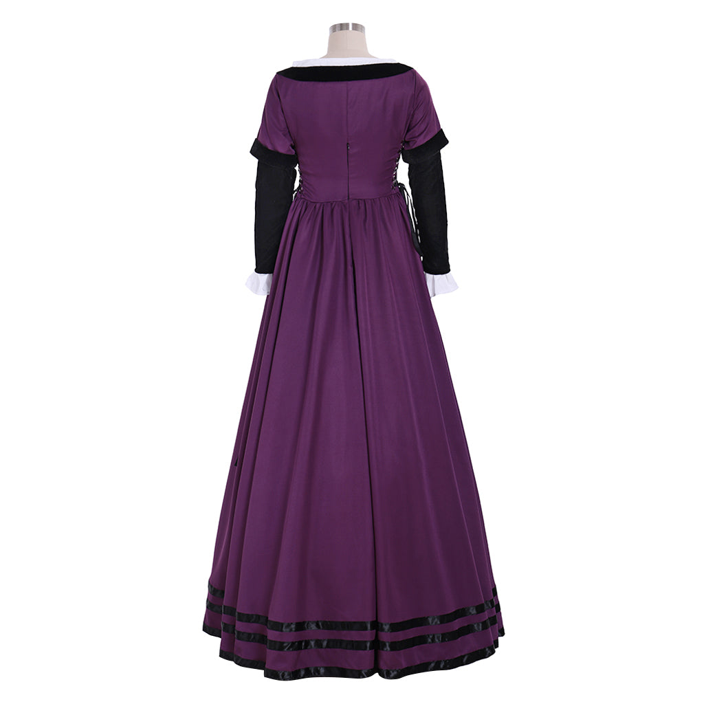 Medieval Renaissance Women's Purple and Black Cosplay Dress with Square Neck, Long Sleeves, Contrast Bodice Gothic Ladies Halloween Party Outerwear