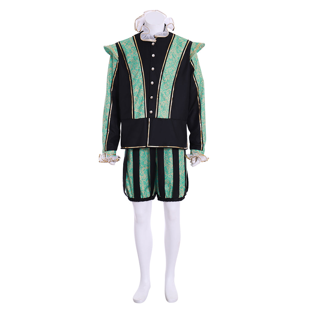 Medieval Men's Black Jacket with Green Trim and Striped Green Black Breeches for Cosplay or Themed Events Halloween Christmas or Themed Parties