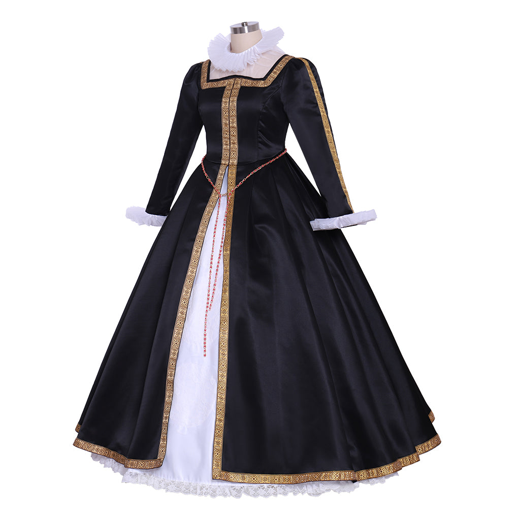Tudor Dynasty Medieval Court Dress Renaissance Inspired Gown Prom Outfit Black and White Gold-Trimmed Contrast Trim Ruffled Collar Women's Halloween Carnival Valentine's Day Party Evening Party Masquerade Adults' Dress All