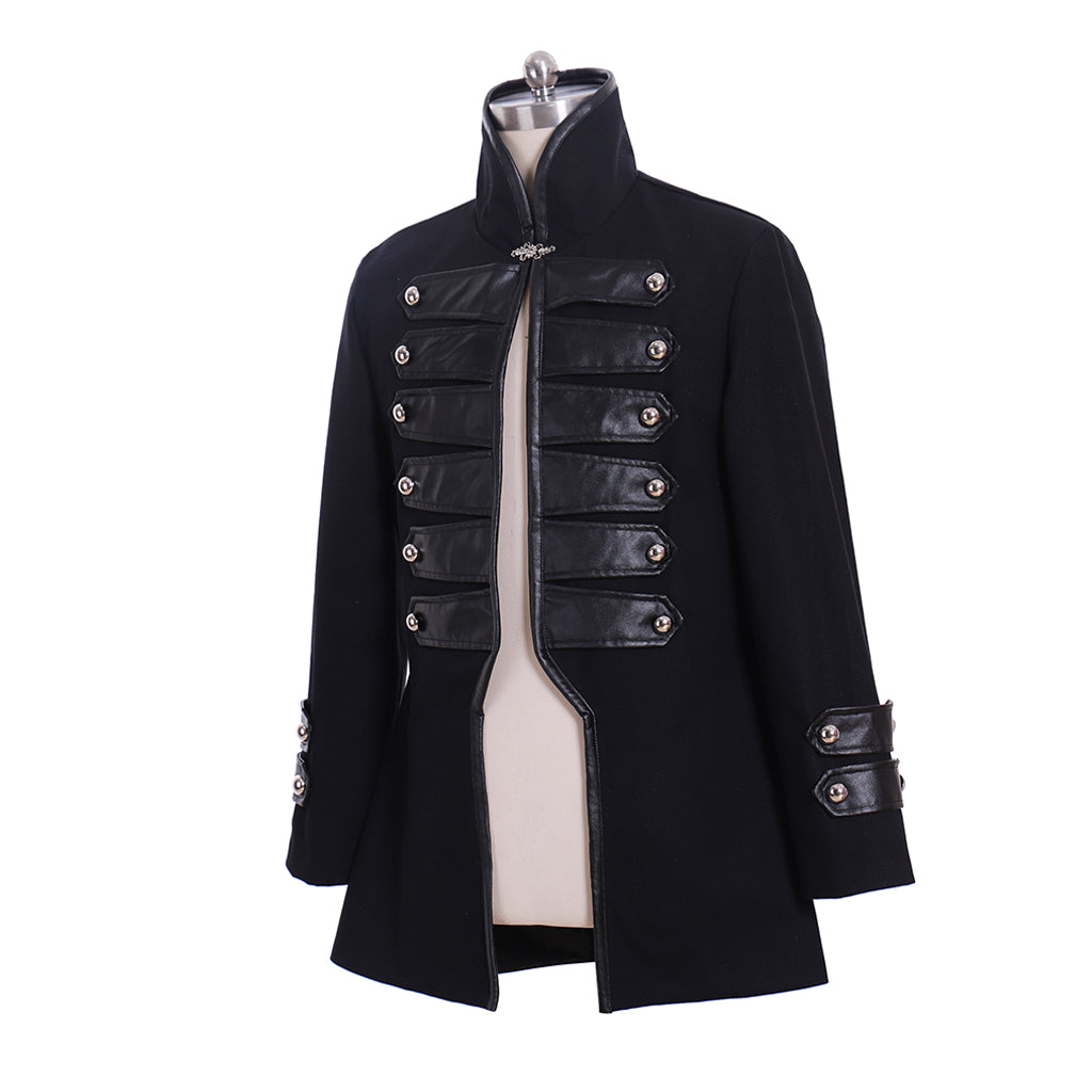 Medieval Black Military Style Coat with Leather Panels and Silver Button Detailing for Historical Reenactments Cosplay Events Halloween Christmas or Parties