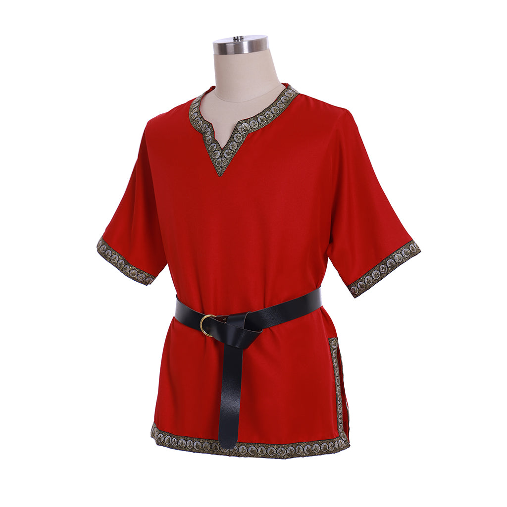 Medieval Men's Black Short Sleeve Tunic with Gold Embroidered Trim and Black Belt for Cosplay Themed Events Halloween Christmas or Parties