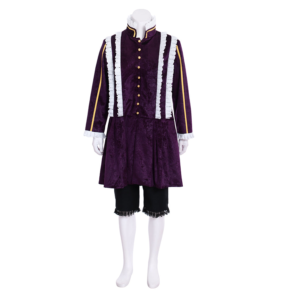 Renaissance Men's Purple Embroidered Robe with Gold Trim and Tricorn Hat Tudor - style for Cosplay Themed Events Halloween Christmas or Themed Parties