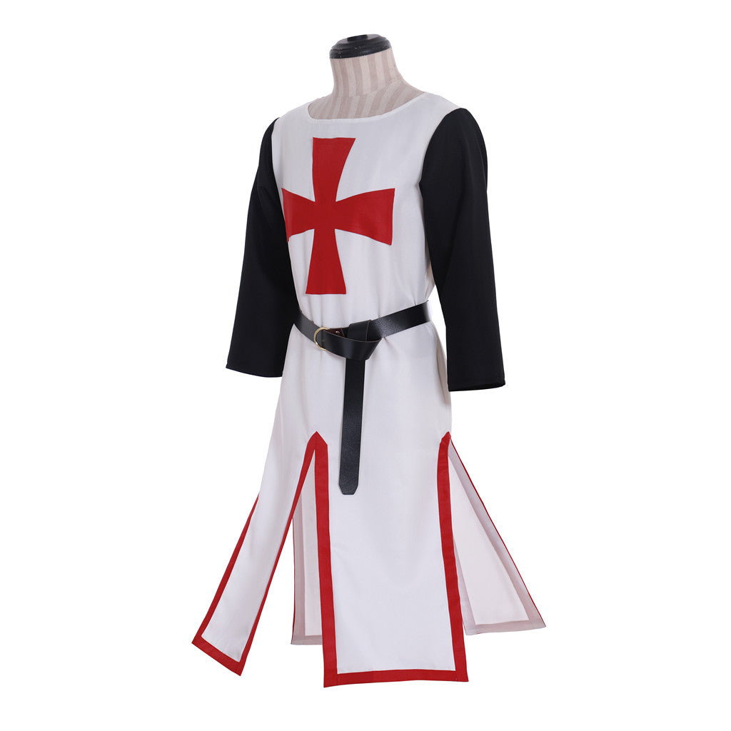 Medieval Templar Men's White Tunic with Black Sleeves, Red Cross and Belt Costume for Historical Reenactments, Cosplay Events or Halloween Parties