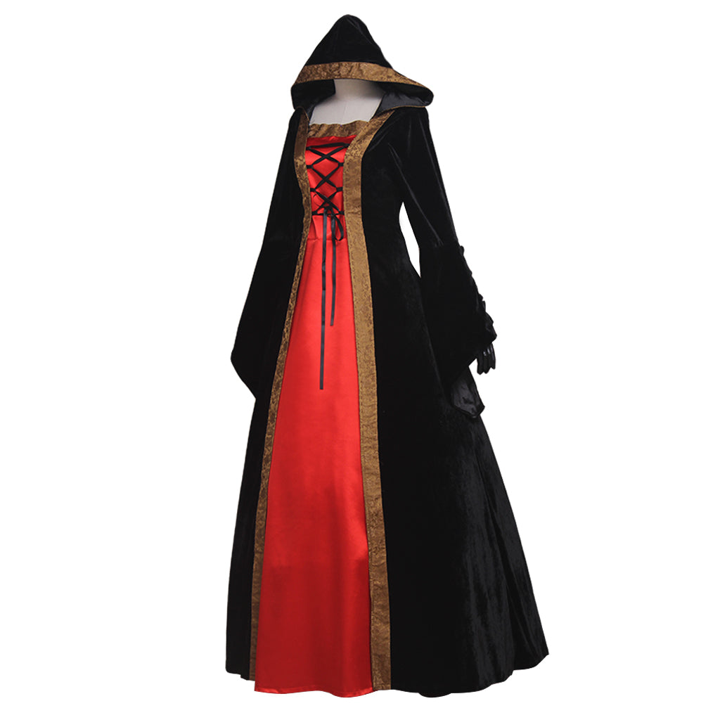 Medieval Vintage Regency Dress Hooded Black Red Gown Viking Cosplay Costume Long Sleeve With Lace - up Renaissance Gown Women Cosplay Costume Adult Ladies Halloween Christmas Dress