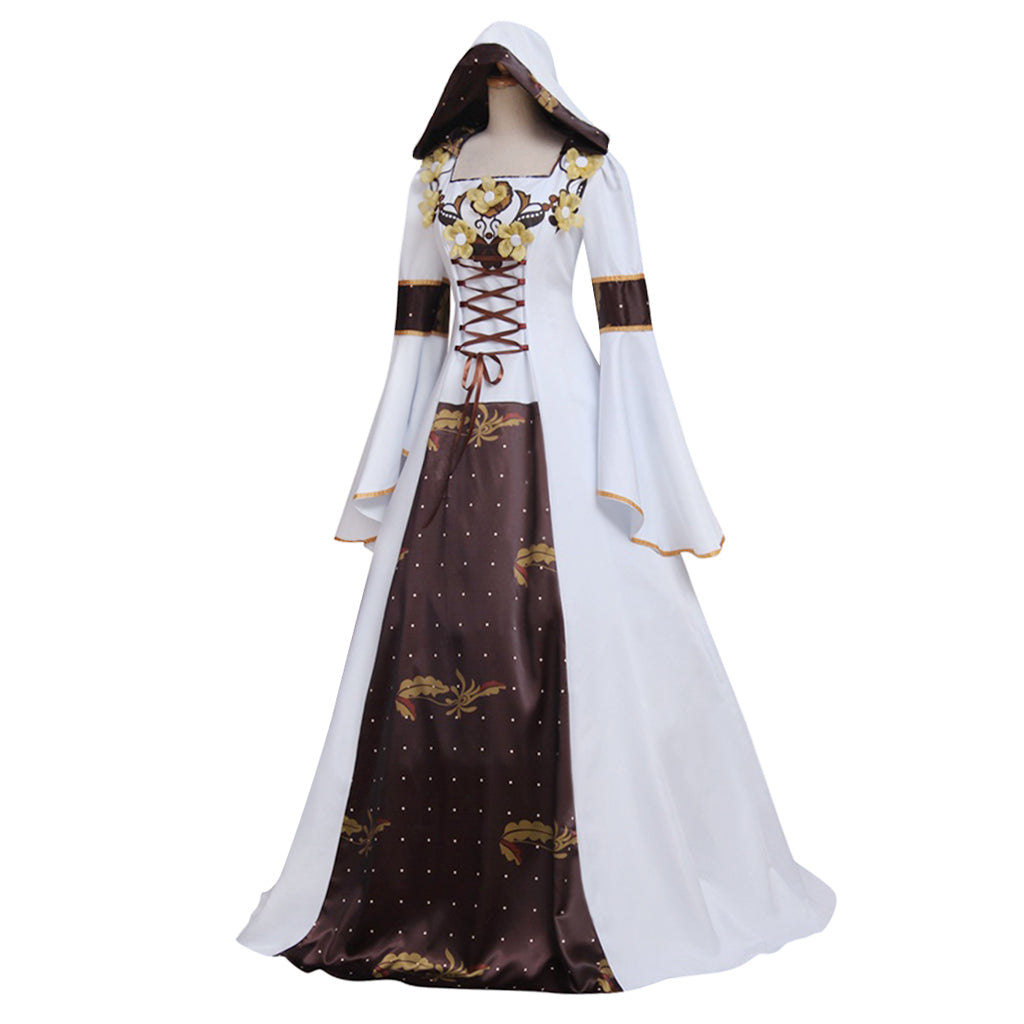 Medieval Women Victorian Renaissance Cosplay Costume Gothic Steampunk Square Neck Flared Sleeve Corset Style Patterned Brown White Gown Adult Ladies Halloween Christmas Dress
