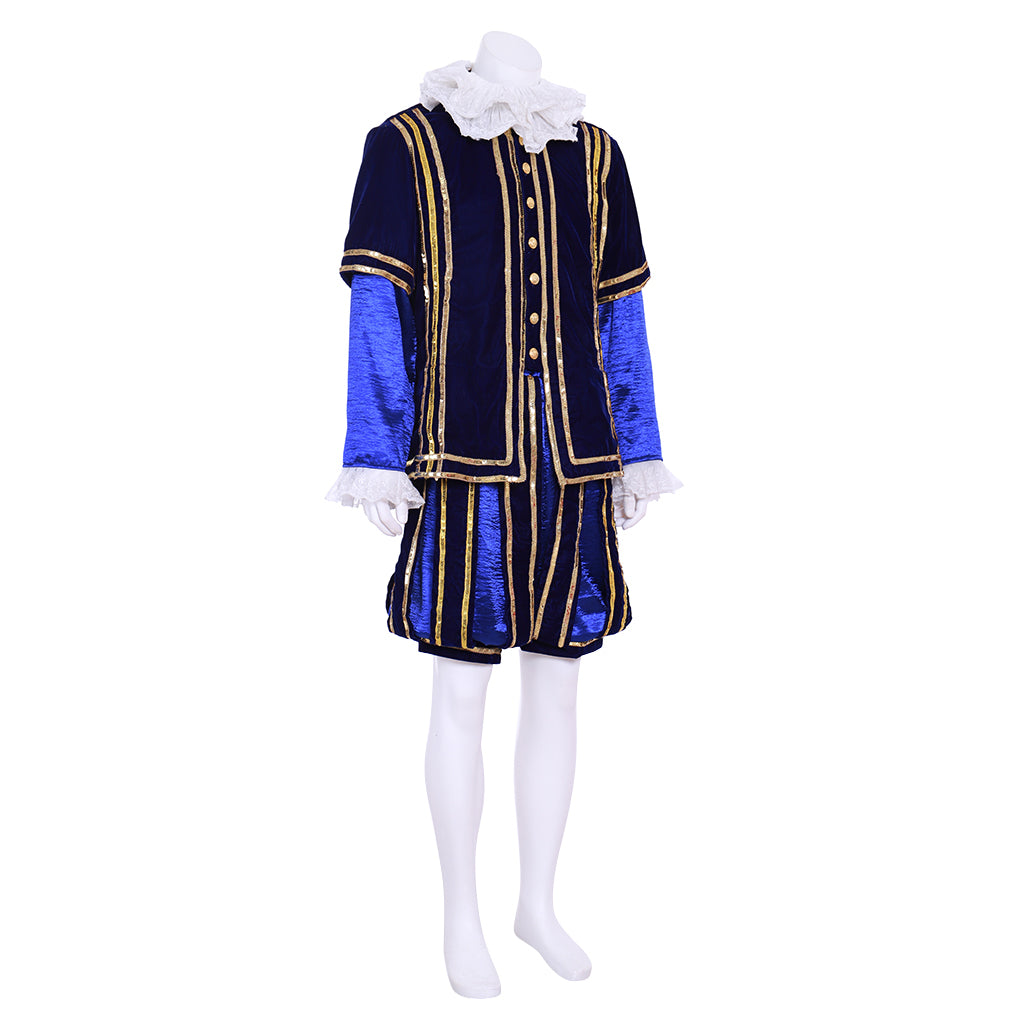 Medieval Men's Navy Blue Jacket with Gold Trim and White Ruffled Collar, Matching Blue Breeches for Cosplay or Themed Events Halloween Christmas or Themed Parties