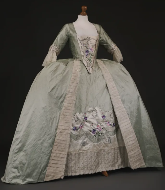 Rococo Style Light Green Satin Gown with Layered Decorative Skirt for Historical Reenactments Royal Court Halloween Christmas