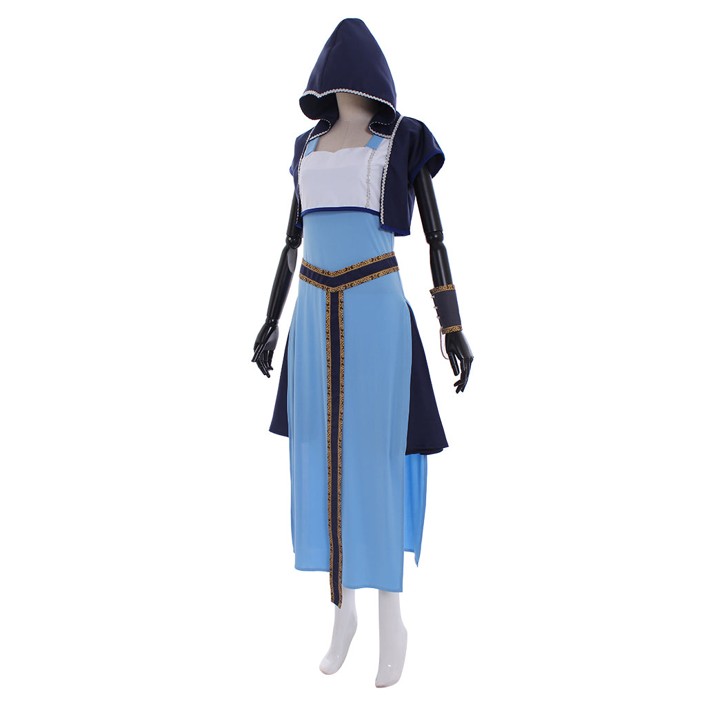 Medieval Women Viking Blue, White And Dark Blue Cosplay Costume Adult Renaissance Ancient Hooded Lace Up With Belt Norse Gothic Ladies Halloween Christmas Square Neck Maxi Dress