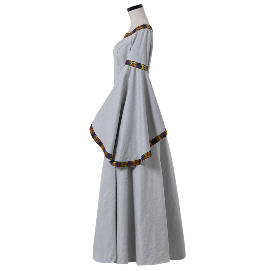 Medieval Women Renaissance Victorian Cosplay Costume Flared Long Sleeve Gold and Brown Trimmed Tie Waist Light Gray Gown Adult Ladies Halloween Christmas Dress