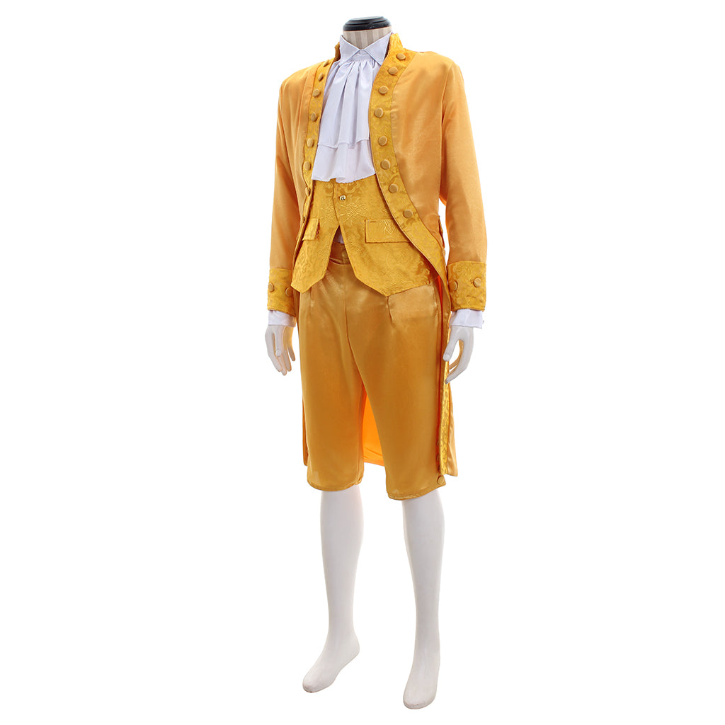 Medieval Men's Gold Court Suit with White Ruffle and Ornate Design Costume for Cosplay Themed Events Halloween Christmas or Themed Parties