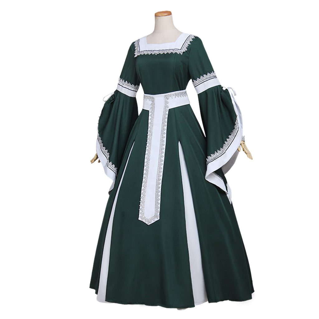 Medieval Women Renaissance Victorian Cosplay Costume Flared Long Sleeve White Trimmed Color Block Dark Green White Gown Adult Ladies Halloween Christmas Dress