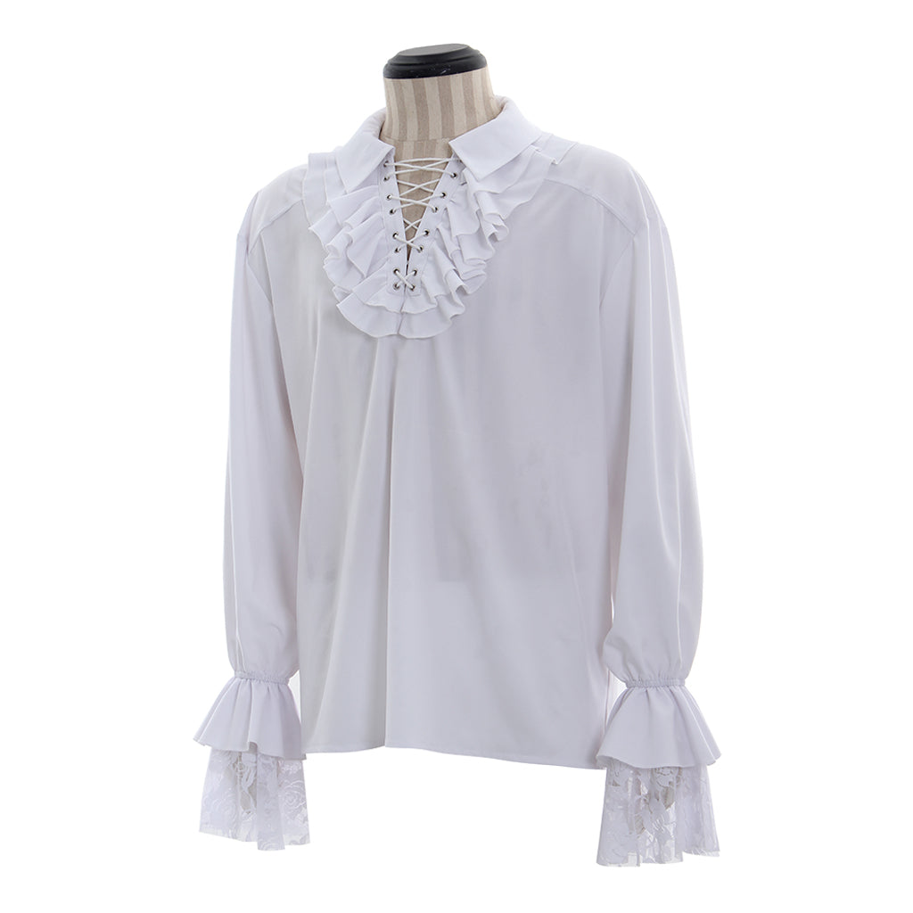Medieval Men's White Ruffled Lace Up Shirt with Lace Trimmed Ruffled Cuffs for Cosplay Renaissance Fairs Halloween Themed Events