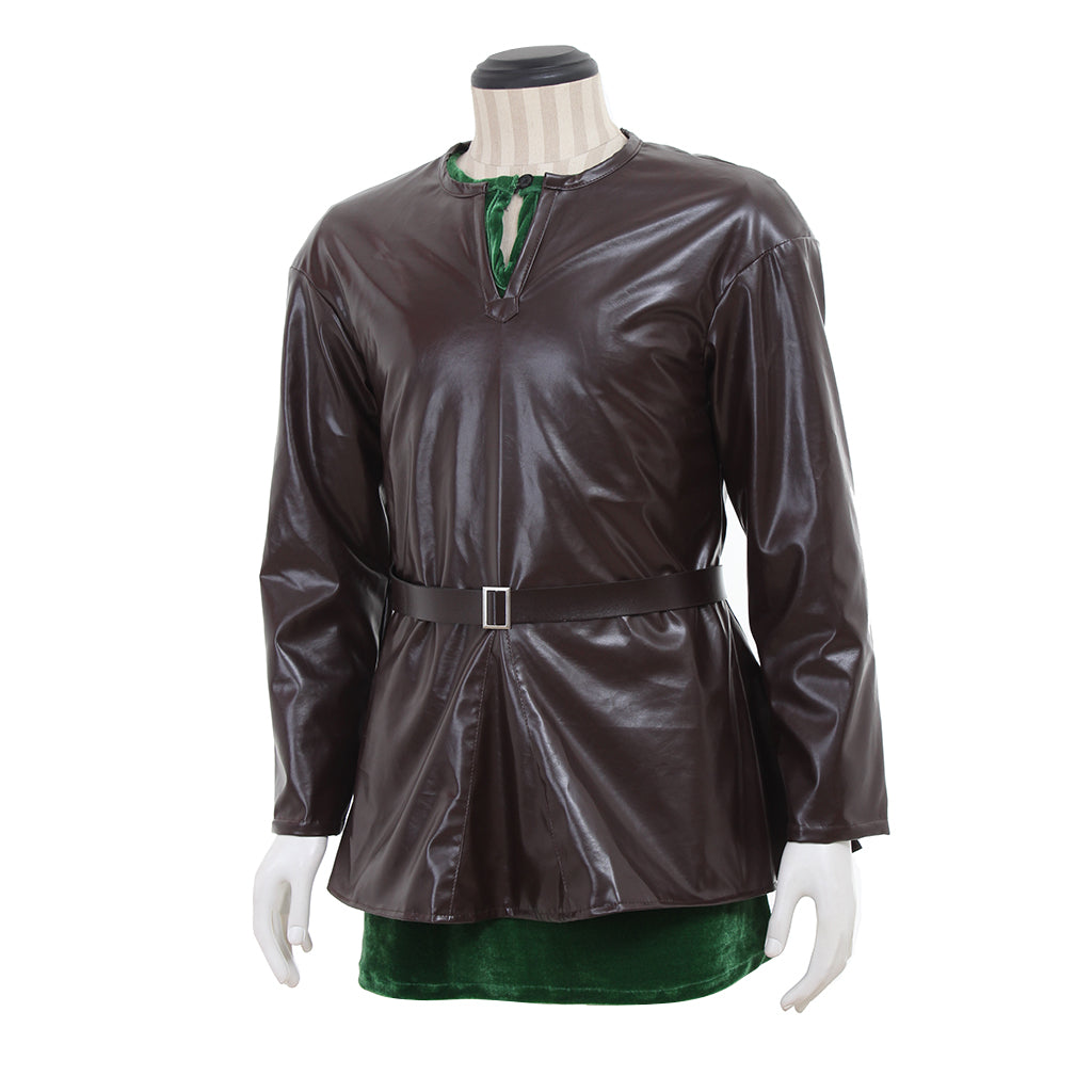 Medieval Men's Brown Leather Jacket with Black Belt and Green Lining Costume for Cosplay Themed Events Halloween Christmas or Themed Parties