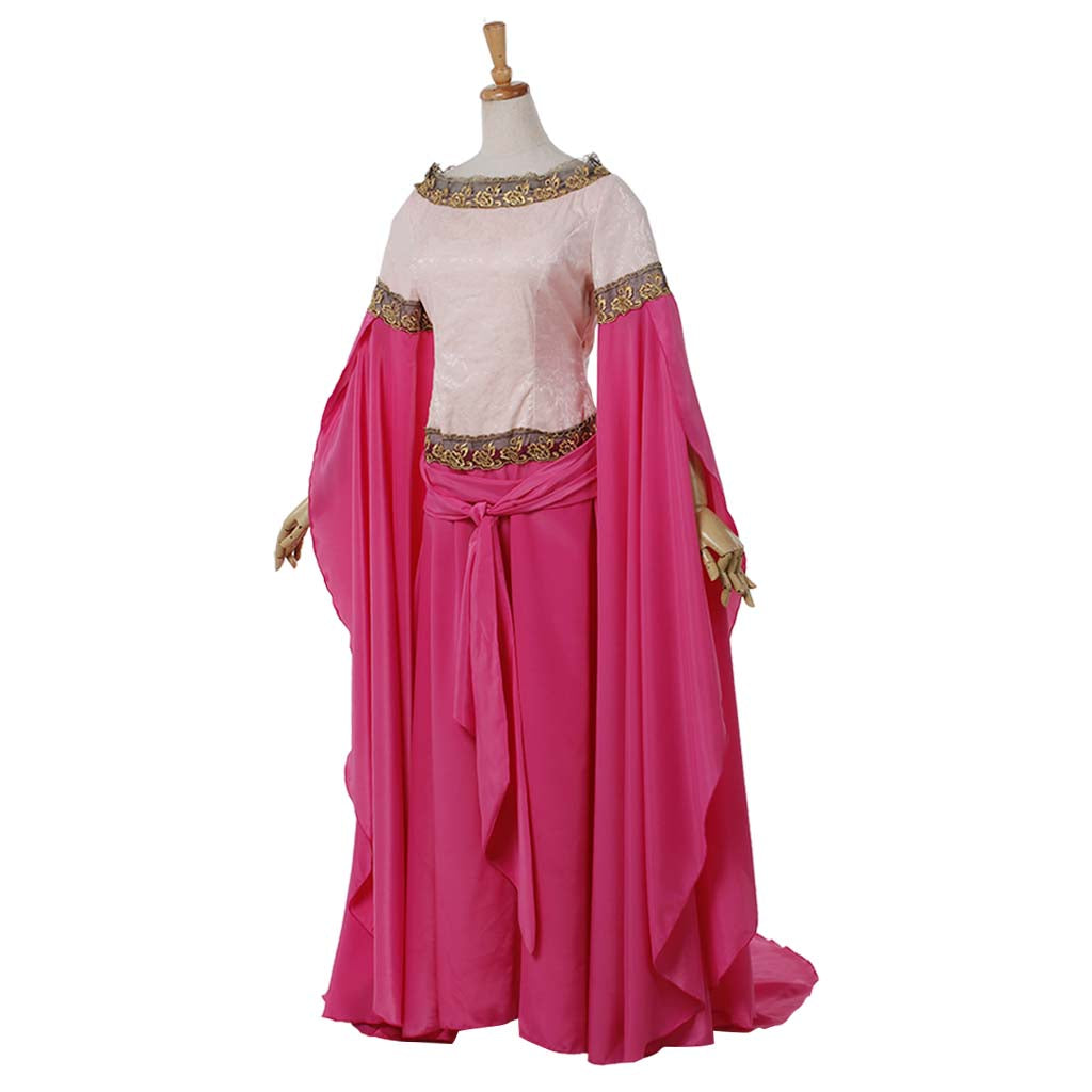 Medieval Women Renaissance Victorian Cosplay Costume Flared Long Sleeve Embroidered Waist Pink Top and Long Skirt Set Adult Ladies Halloween Christmas Dress