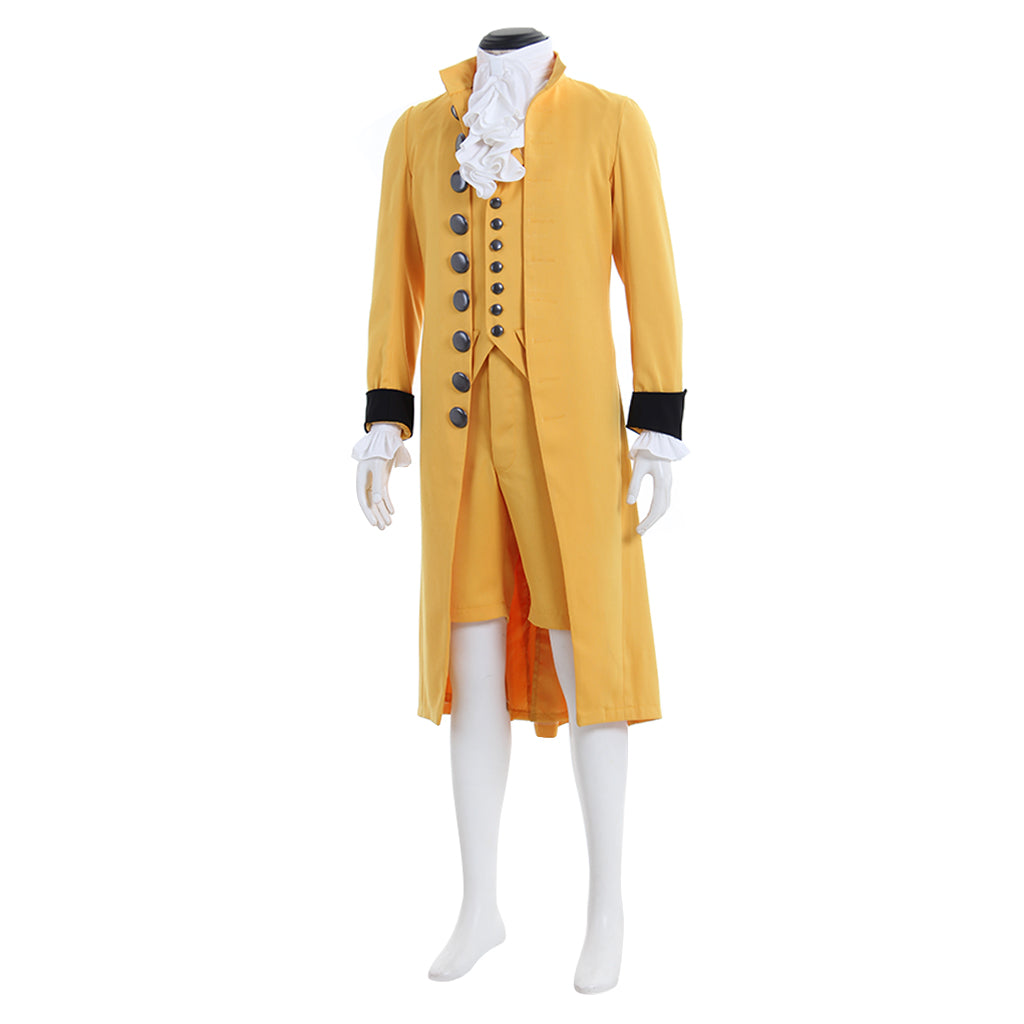 Medieval Men's Yellow with Black Trim and White Ruffle Court Coat Costume for Cosplay Themed Events Halloween Christmas or Themed Parties