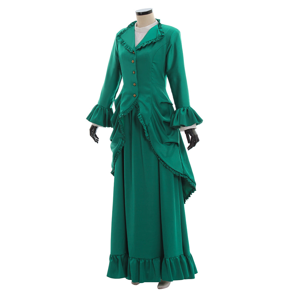 Medieval Women Renaissance Green Cosplay Costume Adult Vintage Court Button Up Ruffled Sleeve Square Neck Maxi Dress Ladies Halloween Christmas Square Neck Maxi Dress