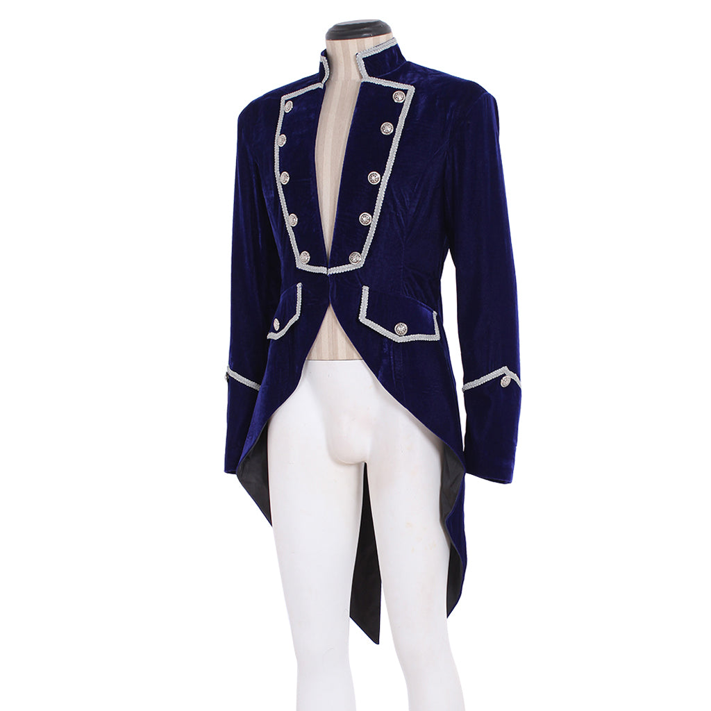 18th Century European Rococo Style Gentleman’s Tailcoat with Navy Blue Velvet and White Trim for Historical Reenactments Cosplay Events Halloween Christmas or Parties