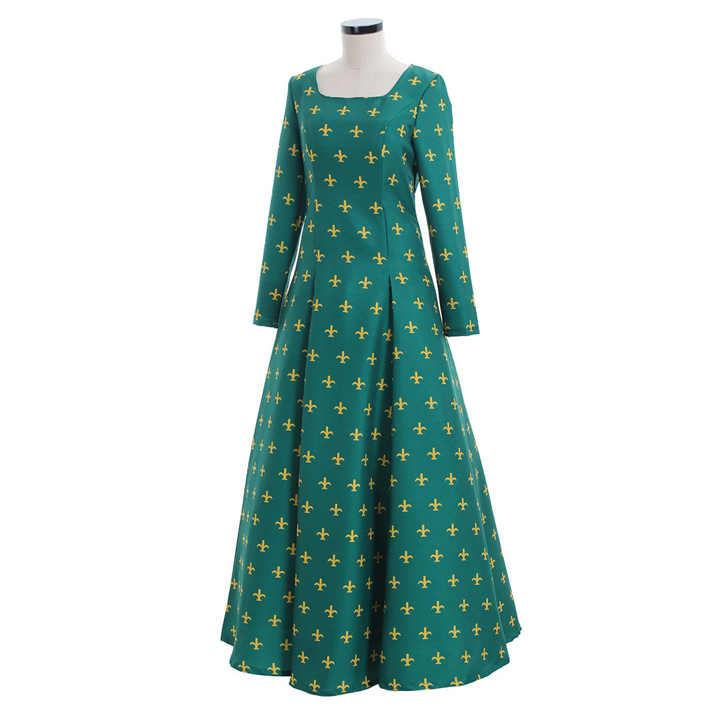 Medieval Women Viking Green With Yellow Cross Patterns Cosplay Costume Adult Renaissance Ancient Gown With Long Sleeves Norse Gothic Ladies Halloween Christmas Dress