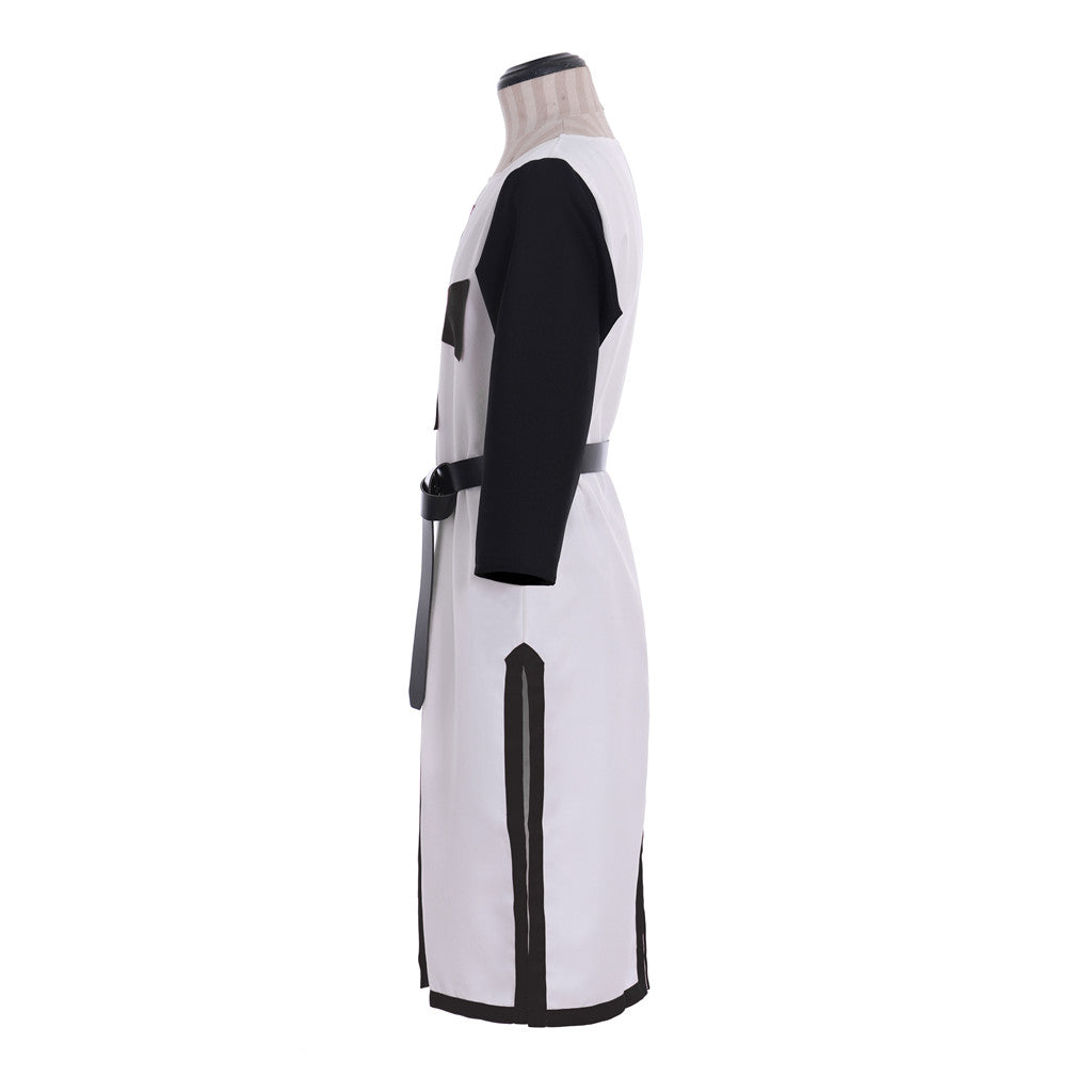 Medieval Templar Men's White Tunic with Black Sleeves, Red Cross and Belt Costume for Historical Reenactments, Cosplay Events or Halloween Parties
