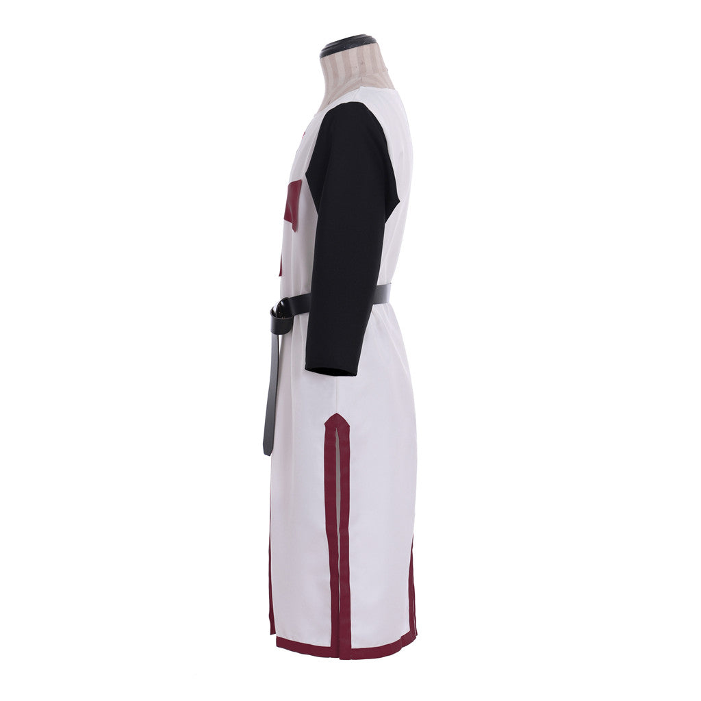 Medieval Templar Men's White Tunic with Black Sleeves, Red Cross and Belt Costume for Historical Reenactments, Cosplay Events or Halloween Parties