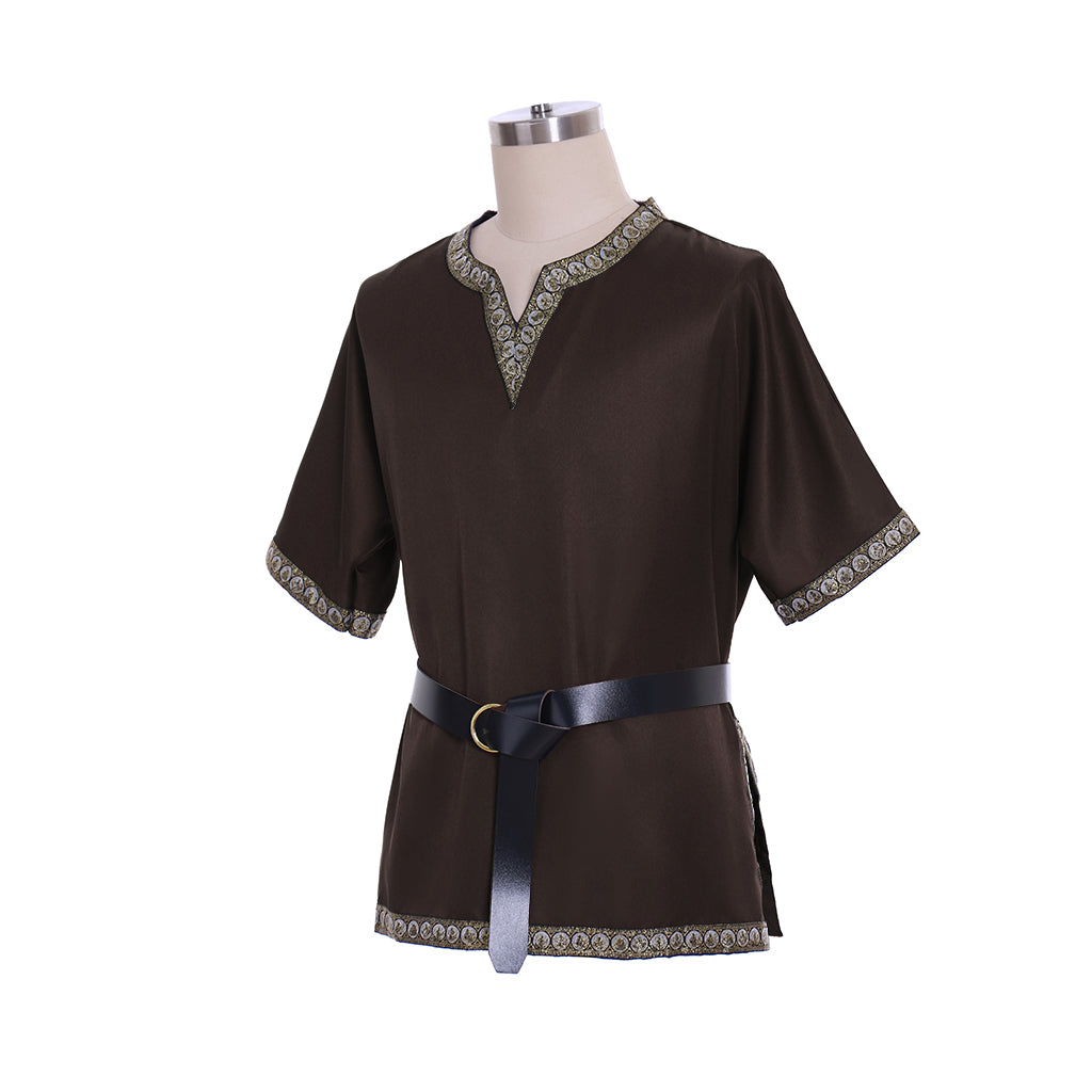 Medieval Men's Black Short Sleeve Tunic with Gold Embroidered Trim and Black Belt for Cosplay Themed Events Halloween Christmas or Parties